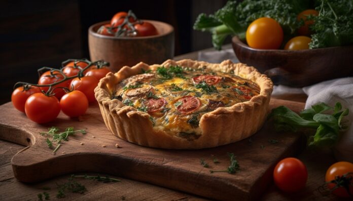recettes-pour-tous_Voyage culinaire insolite, les desserts salés qui réinventent l’hiver_breakfast-quiche-sits-cutting-board-with-tomatoes-broccoli-side desserts salés