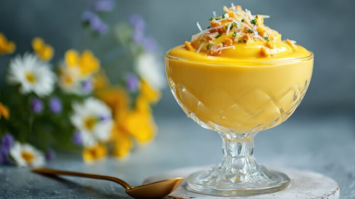 recettes-pour-tous_La mousse au citron la plus rapide du monde_creamy-mango-mousse-dessert-with-coconut-garnish-floral-backdrop Mousse au citron